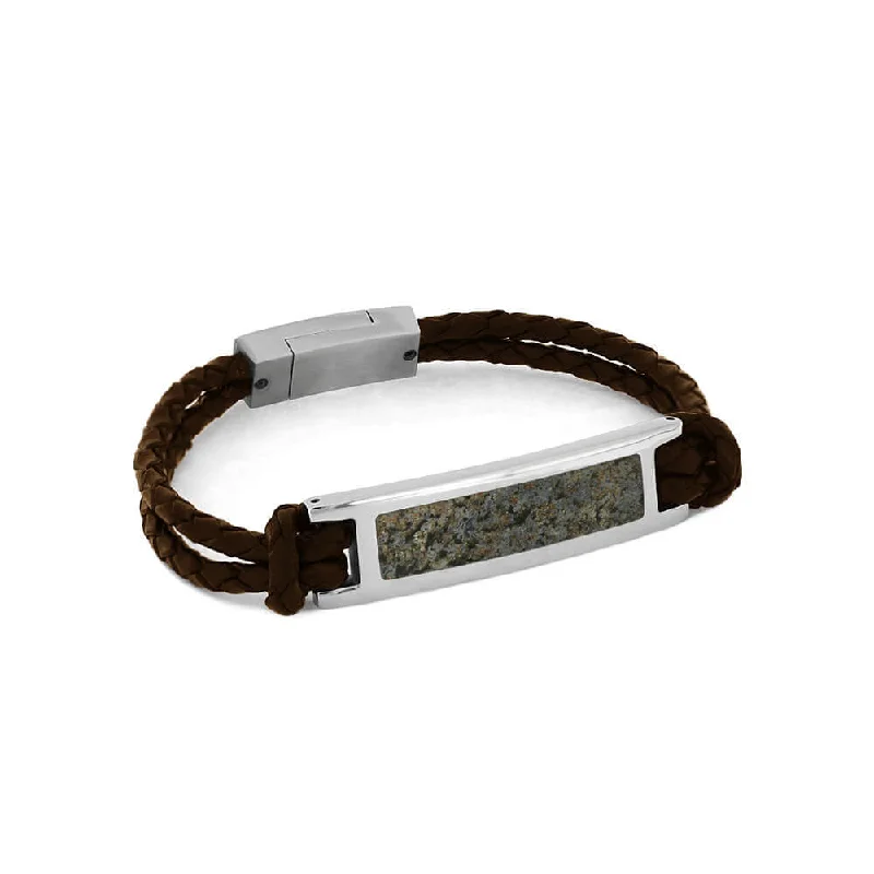 Speckled Blue Dinosaur Bone and Leather Bracelet with Stainless Steel Setting