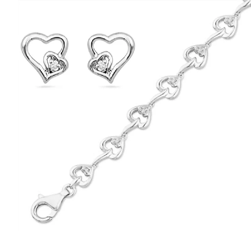 Sterling Silver Double Heart Earrings & Bracelet Gift Set