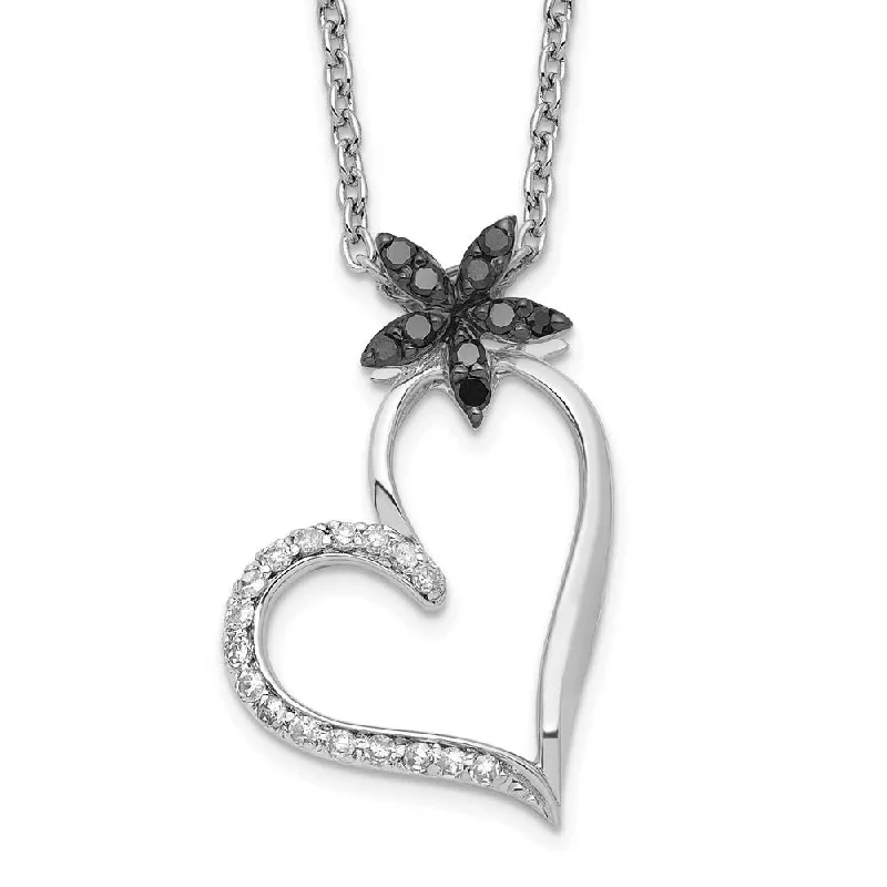 1/6 Ctw Black & White Diamond Flower Heart Necklace in Sterling Silver