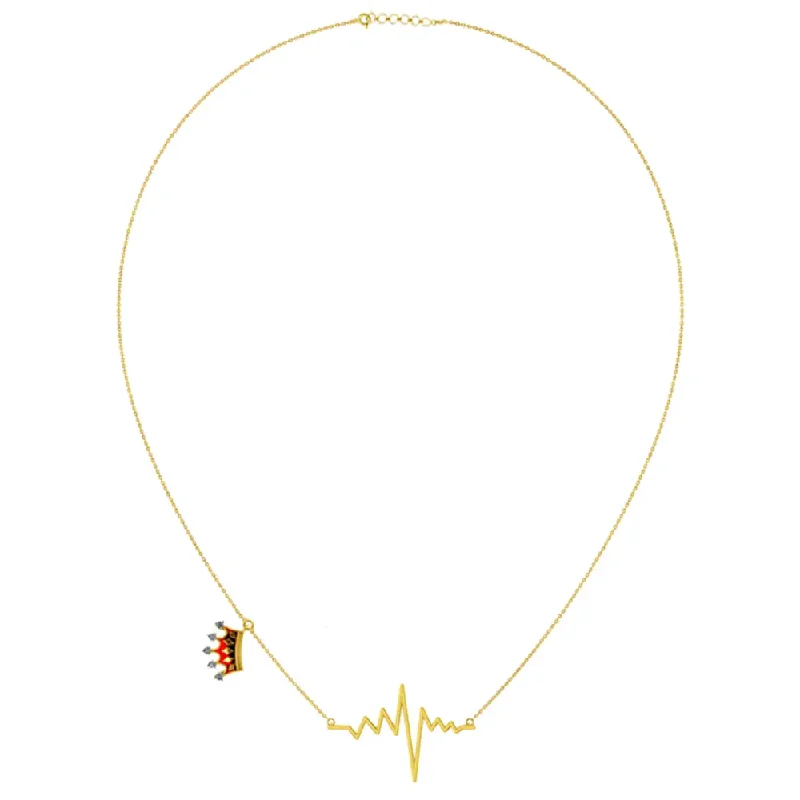 14k Gold Necklace With A Heartbeat Pendant And A Crown On A Chain