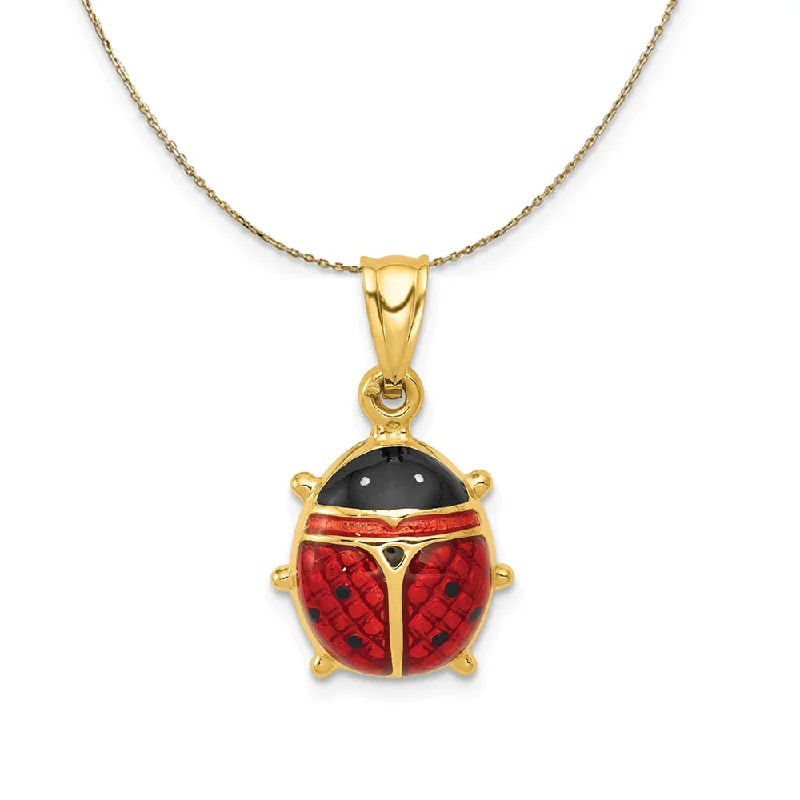 14k Yellow Gold 3D Red Enameled Ladybug Necklace