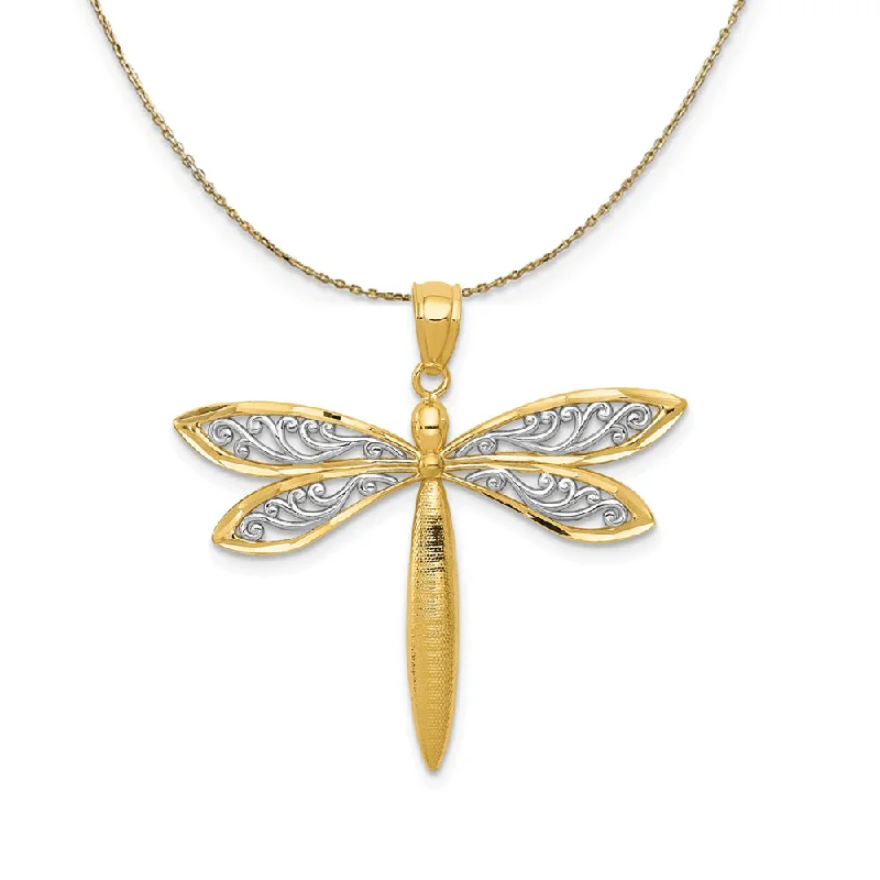 14k Yellow Gold & Rhodium 30mm Filigree Dragonfly Necklace