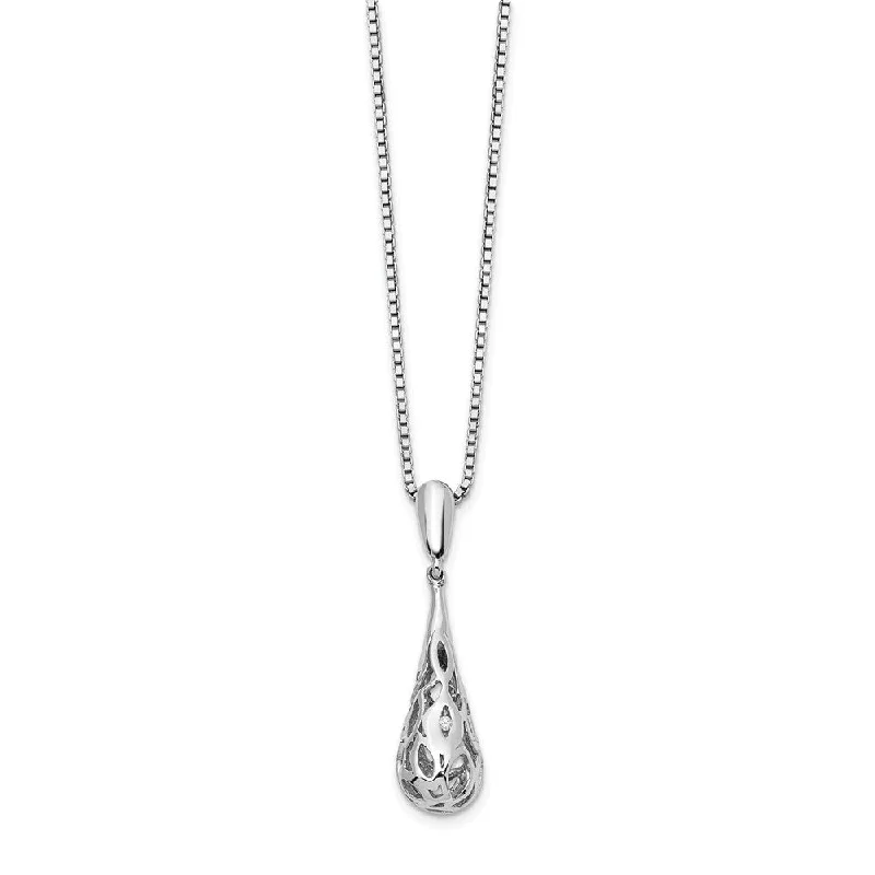 3D Filigree Diamond Tear Necklace in Rhodium Plated Silver, 18-20 Inch