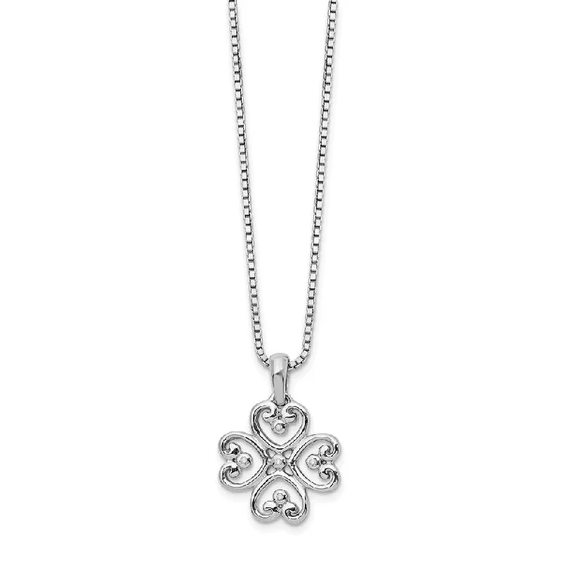 4 Heart Diamond Clover Necklace in Rhodium Plated Silver, 18-20 Inch