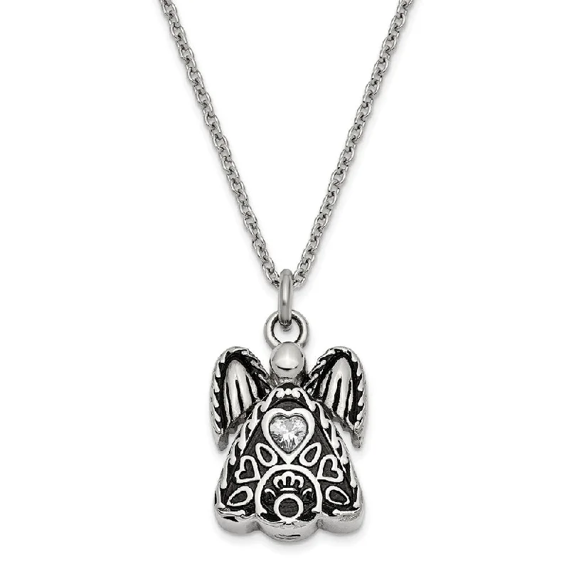 Antiqued Stainless Steel CZ Birthstone Angel Ash Holder Necklace 18 In