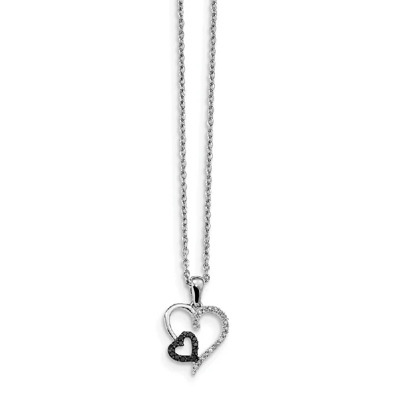 Black & White Diamond 13mm Double Heart Necklace in Sterling Silver