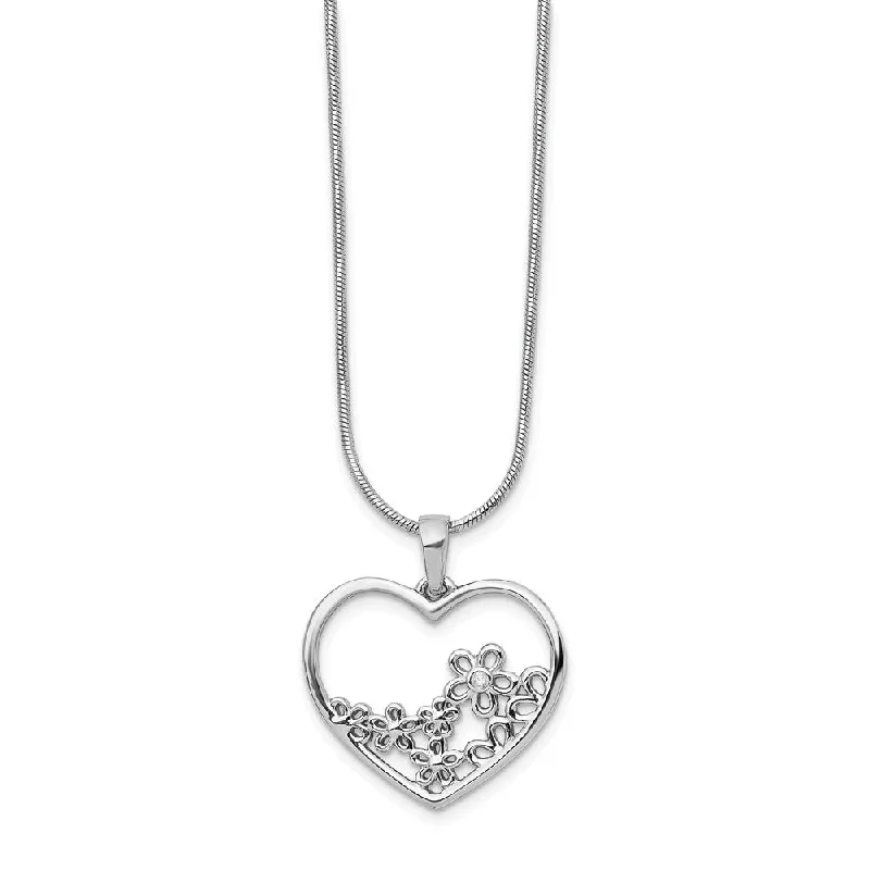 Heart & Flower Diamond Necklace in Rhodium Plated Silver, 18-20 Inch