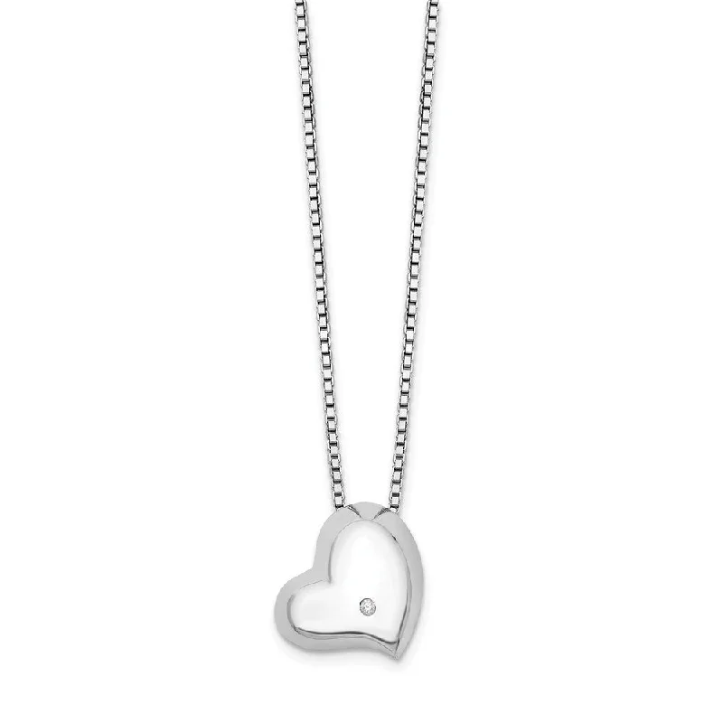 offset Diamond Heart Necklace in Rhodium Plated Silver, 18-20 Inch