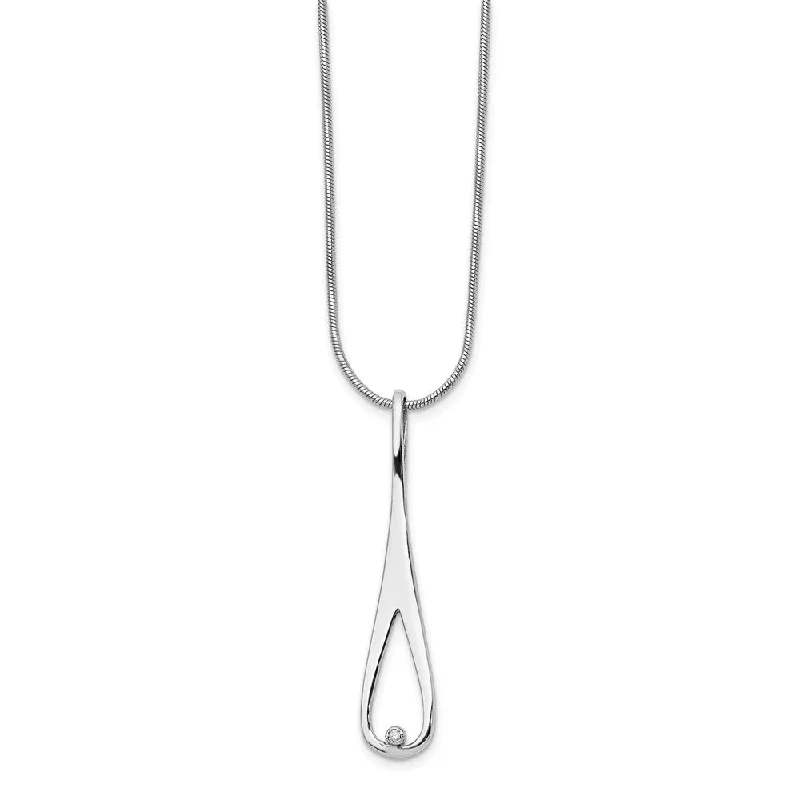 Rhodium Plated Silver & Diamond Elongated Tear Necklace, 18-20 Inch