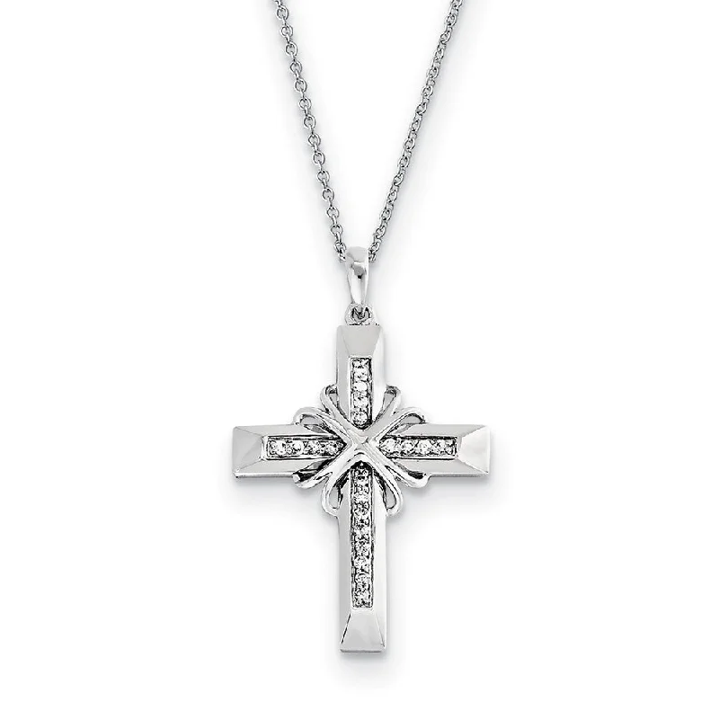 Rhodium Plated Sterling Silver & CZ Steadfast Love Cross Necklace, 18