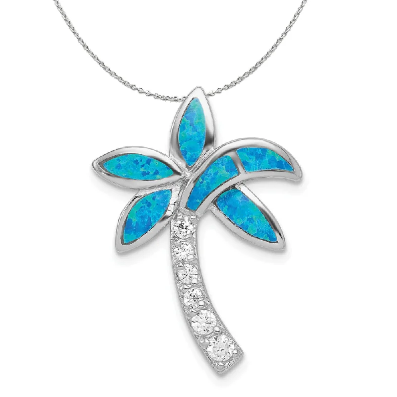 Sterling Silver, Created Opal and Cubic Zirconia Palm Tree Necklace