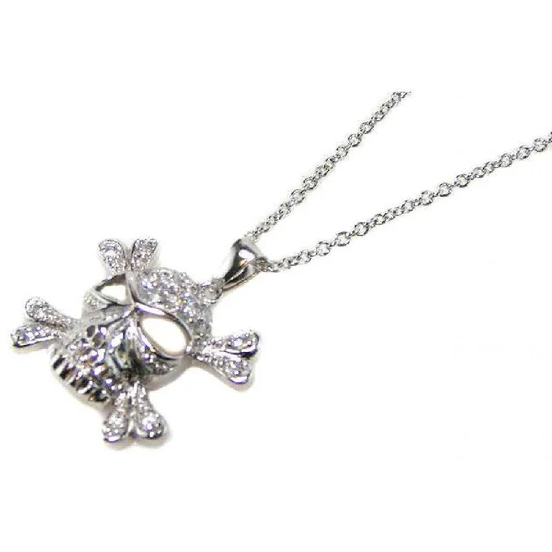 Silver 925 Clear CZ Black Rhodium Plated Skull Pendant Necklace - STP00396