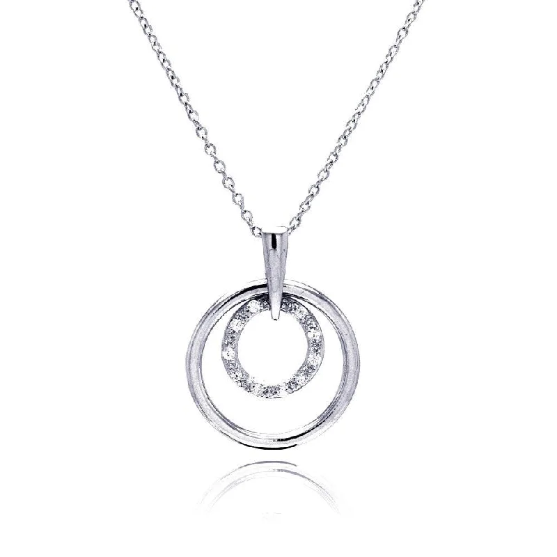 Silver 925 Clear CZ Rhodium Plated 2 Round Pendant Necklace - STP00163