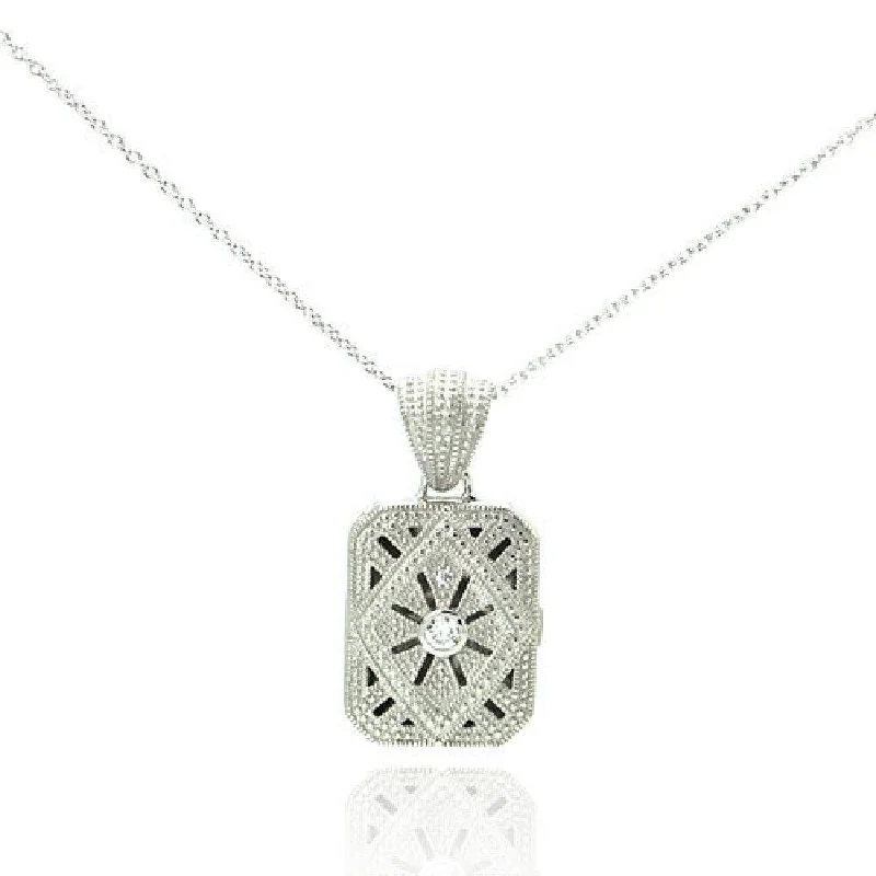 Silver 925 Clear CZ Rhodium Plated Double Square Locket Pendant Necklace - STP00123