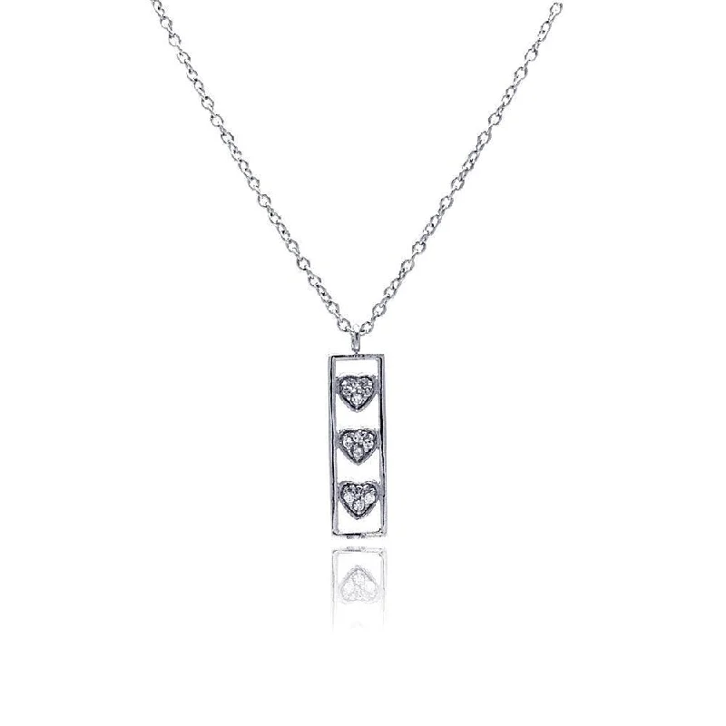 Silver 925 Clear CZ Rhodium Plated Bar Trio Hearts Pendant Necklace - STP00411