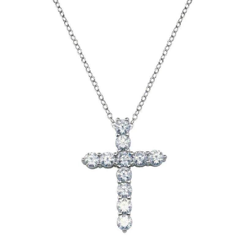 Silver 925 Clear CZ Rhodium Plated Classic Cross Pendant Necklace - STP00097