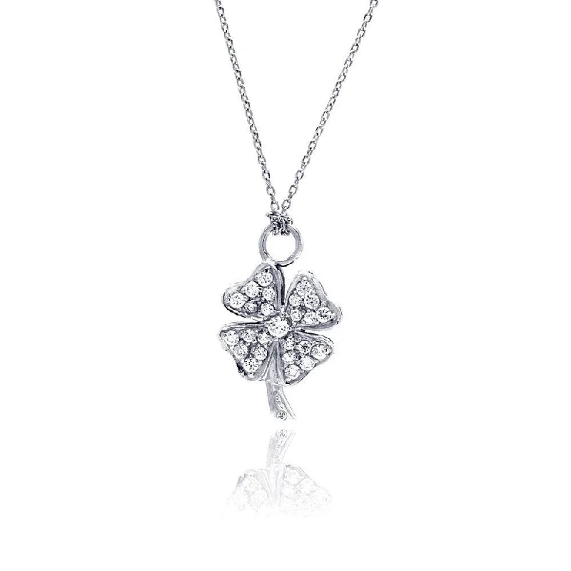 Silver 925 Clear CZ Rhodium Plated Clover Pendant Necklace - STP00143