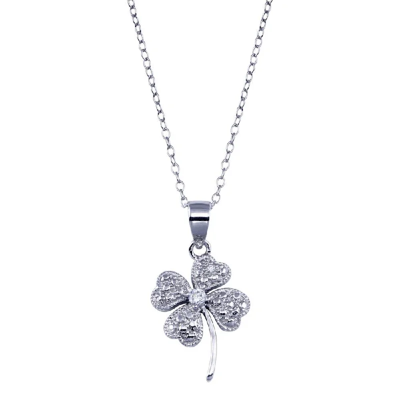 Silver 925 Clear CZ Rhodium Plated Clover Pendant Necklace - STP00235