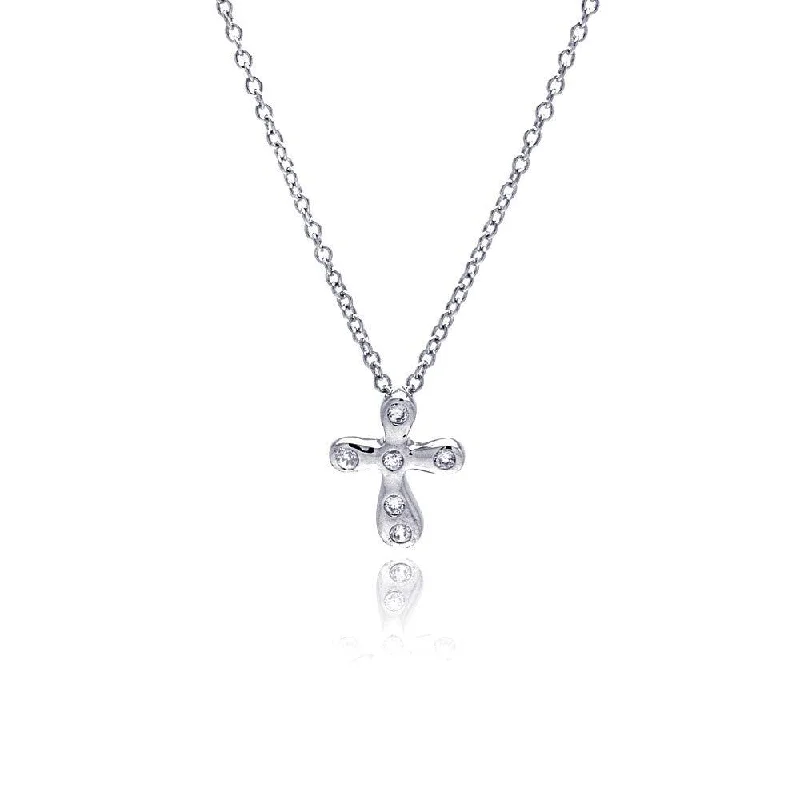 Silver 925 Clear CZ Rhodium Plated Cross Pendant Necklace - STP00096