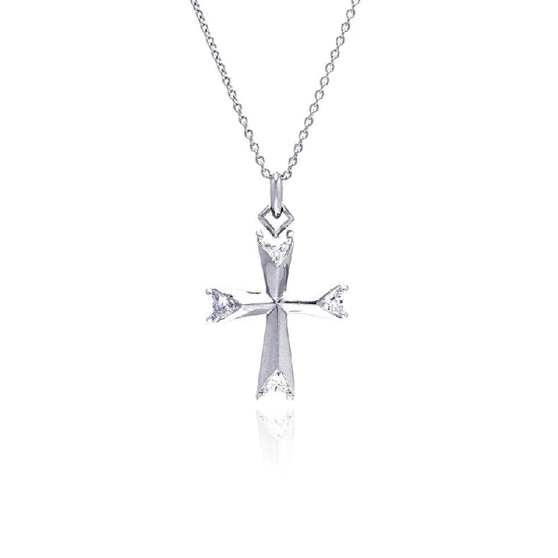 Silver 925 Clear CZ Rhodium Plated Fancy Cross Pendant Necklace - STP00148