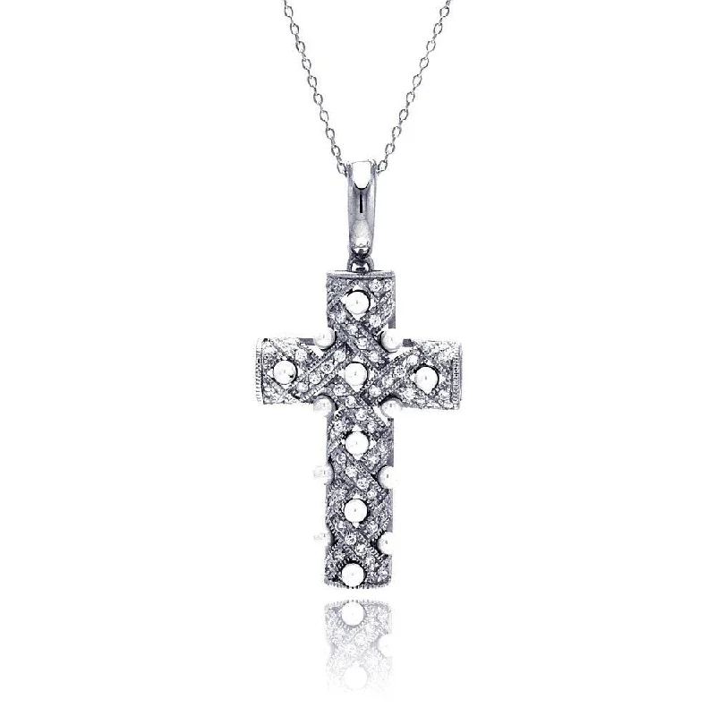 Silver 925 Clear CZ Rhodium Plated Fancy Cross Pendant Necklace - STP00211