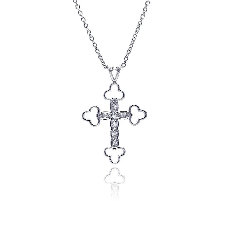 Silver 925 Clear CZ Rhodium Plated Fancy Cross Pendant Necklace - STP00222