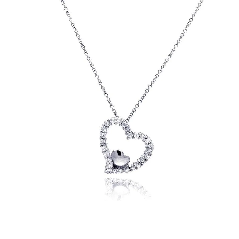 Silver 925 Clear CZ Rhodium Plated Heart Pendant Necklace - STP00213