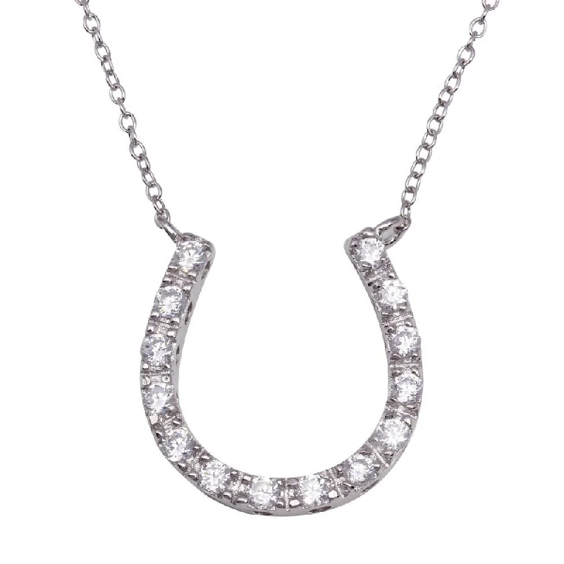 Silver 925 Clear CZ Rhodium Plated Horse Shoe Pendant Necklace - STP00045