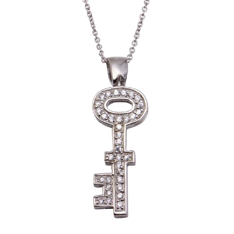 Silver 925 Clear CZ Rhodium Plated Key Pendant Necklace - STP00006