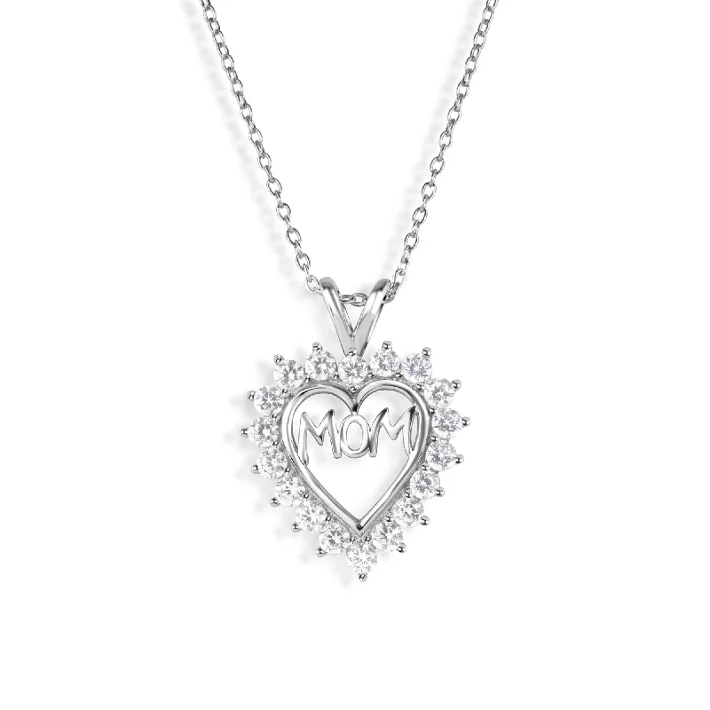 Silver 925 Clear CZ Rhodium Plated Mom Heart Pendant Necklace - STP00054