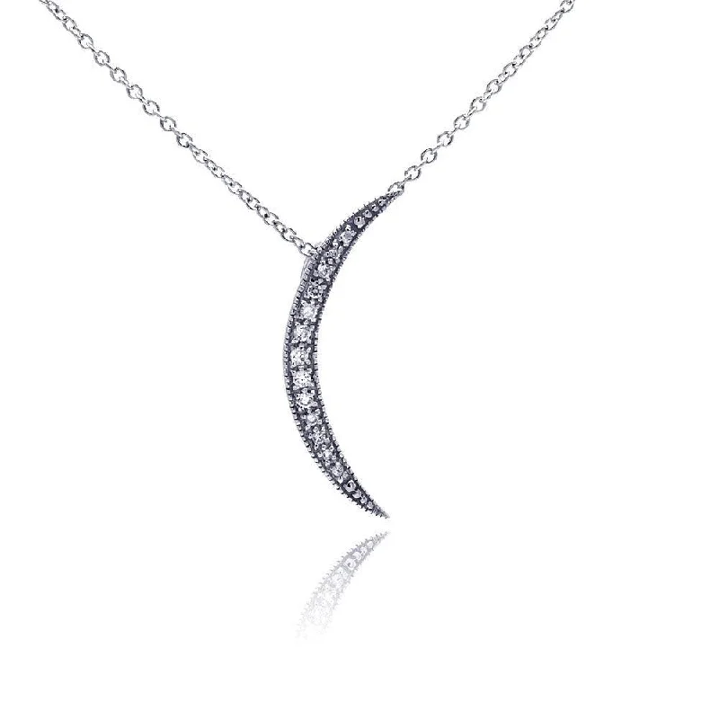 Silver 925 Clear CZ Rhodium Plated Moon Pendant Necklace - STP00193