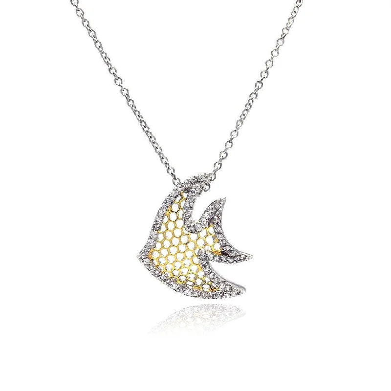 Silver 925 Clear CZ Rhodium Plated Multi Hole Fish Pendant Necklace - STP00382