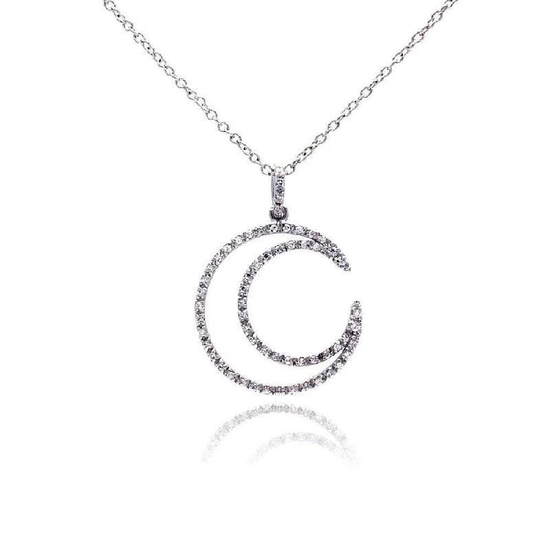 Silver 925 Clear CZ Rhodium Plated Open Circle Pendant Necklace - STP00172