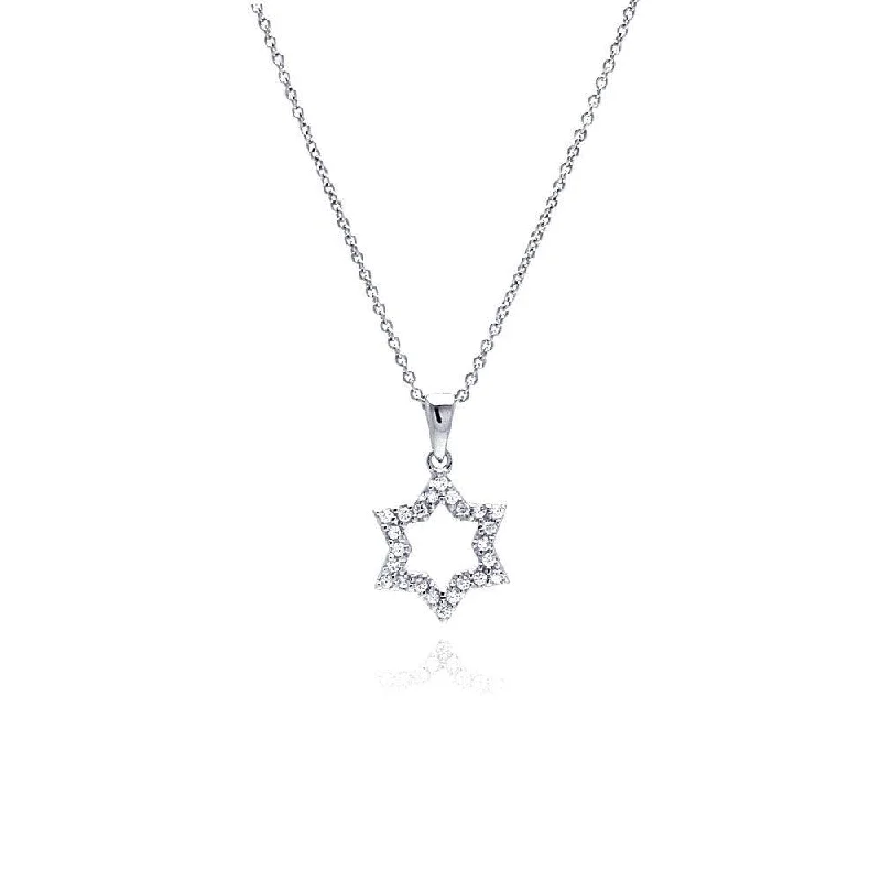 Silver 925 Clear CZ Rhodium Plated Open Star of David Pendant Necklace - STP00030