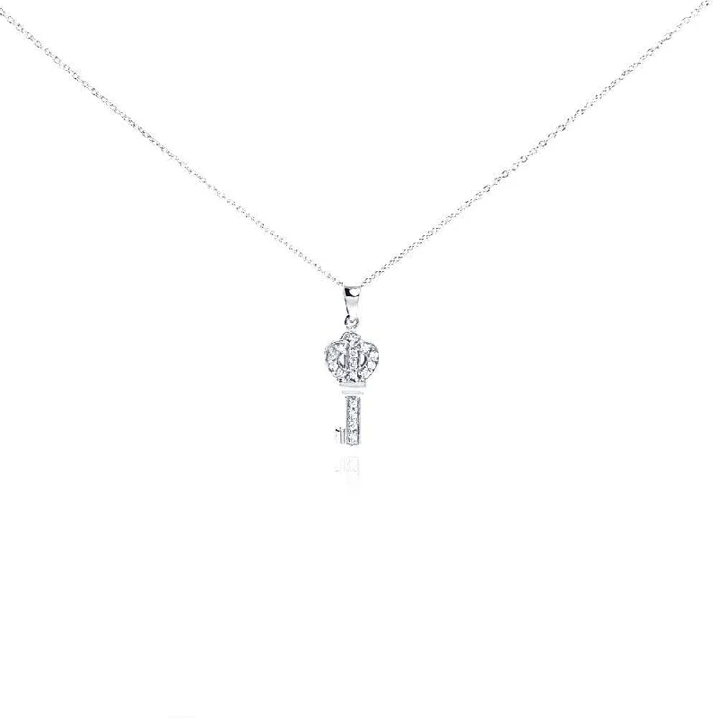 Silver 925 Clear CZ Rhodium Plated Small Key Pendant Necklace - STP00122