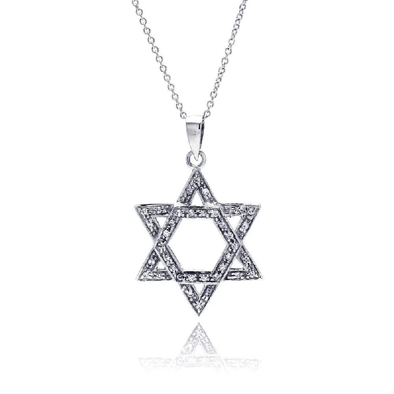 Silver 925 Clear CZ Rhodium Plated Star Of David Pendant Necklace - STP00086