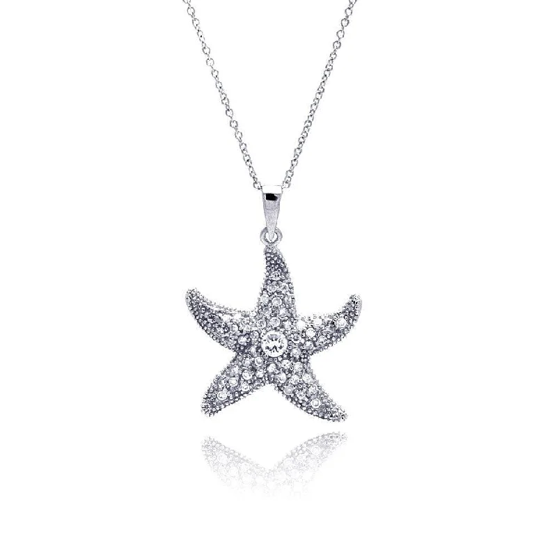 Silver 925 Clear CZ Rhodium Plated Starfish Pendant Necklace - STP00186