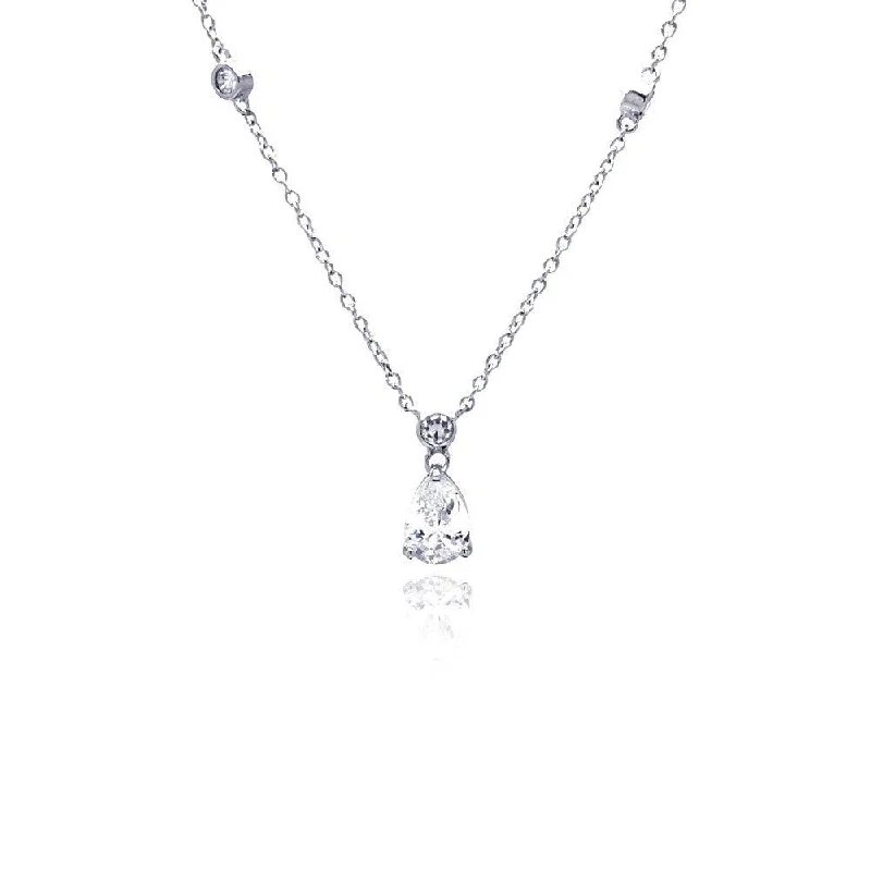 Silver 925 Clear CZ Rhodium Plated Teardrop Pendant Necklace - STP00205