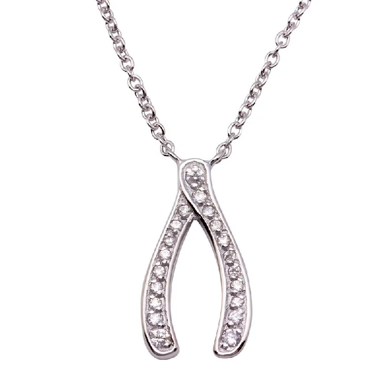 Silver 925 Clear CZ Rhodium Plated Wishbone Pendant Necklace - STP00203