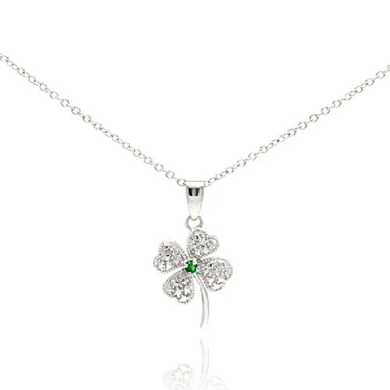 Silver 925 Clear Green CZ Rhodium Plated Clover Pendant Necklace - STP00235-GREEN