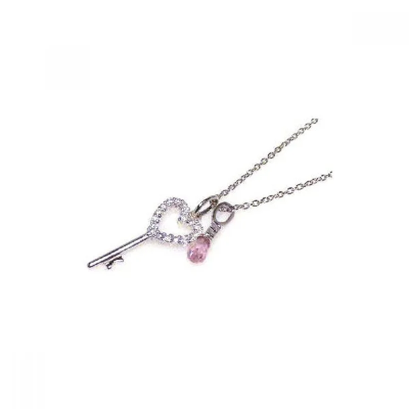 Silver 925 Clear Pink CZ Rhodium Plated Heart Key Pendant Necklace - STP00311