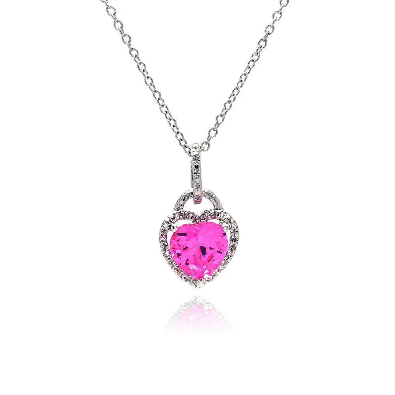 Silver 925 Clear Pink CZ Rhodium Plated Heart Pendant Necklace - STP00269