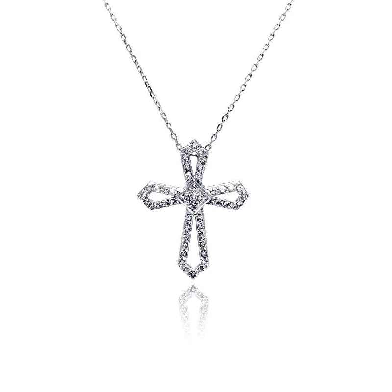 Silver 925 Rhodium Open Cross CZ Necklace - BGP00478