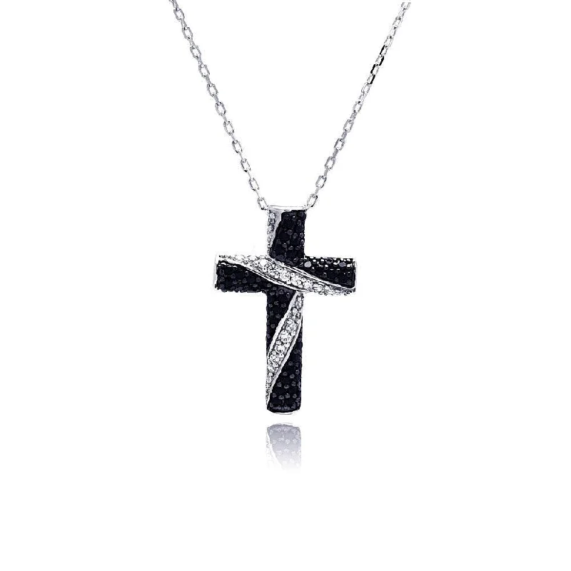 Silver 925 Rhodium Plated Black and Clear Cross CZ Necklace - BGP00487