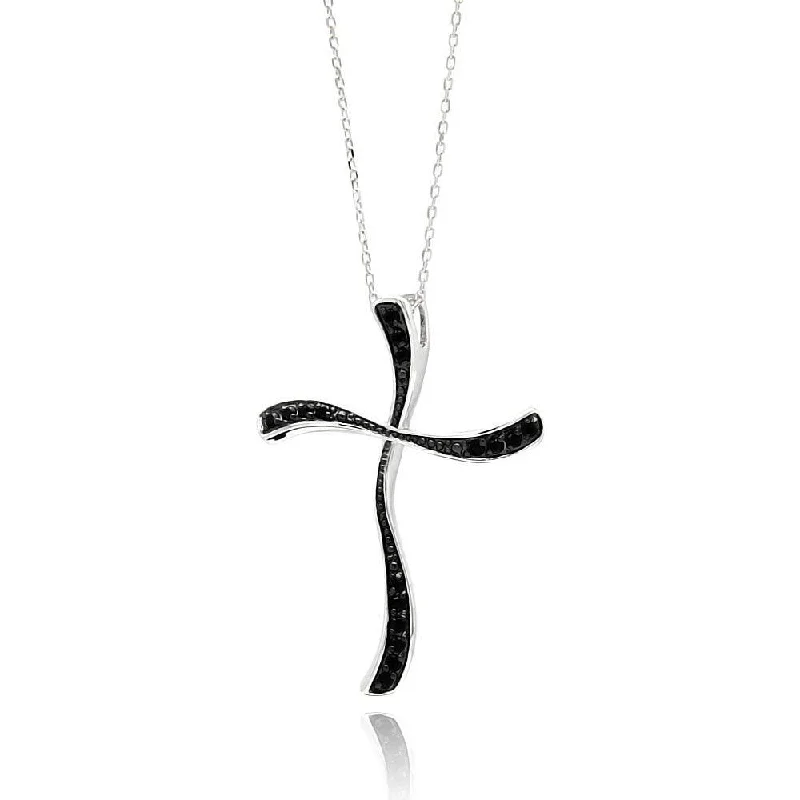 Silver 925 Rhodium Plated Black Cross CZ Necklace - BGP00551