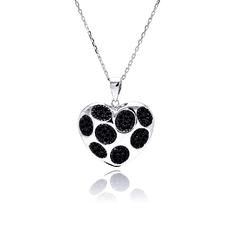 Silver 925 Rhodium Plated Black Dot Heart CZ Necklace - BGP00489