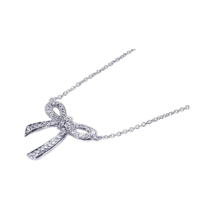 Silver 925 Rhodium Plated Bow Tie CZ Inlay Necklace - STP00525