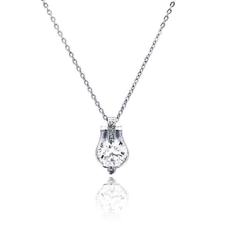 Silver 925 Rhodium Plated Center Round CZ Necklace - BGP00473