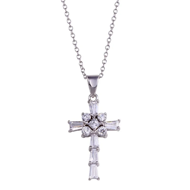 Silver 925 Rhodium Plated Clear Baguette CZ Cross Pendant Necklace - STP00455