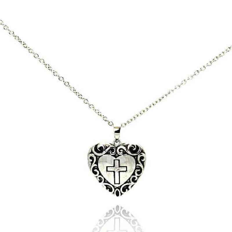 Silver 925 Rhodium Plated Clear CZ Black Onyx Heart Cross Pendant Necklace - STP00622